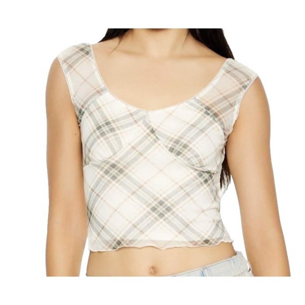 Forever 21 Y2K Plaid Mesh Cap-Sleeve Tank Top Cream Tan Medium Cottagecore Indie
